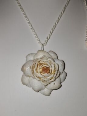Hand Crafted White and Cream Shell Rose Pendant Necklace